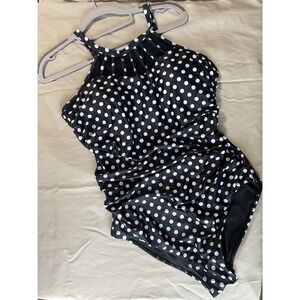 One Piece Swimsuit Women XL Black White Polka Dot Excellent Ruched Mesh
